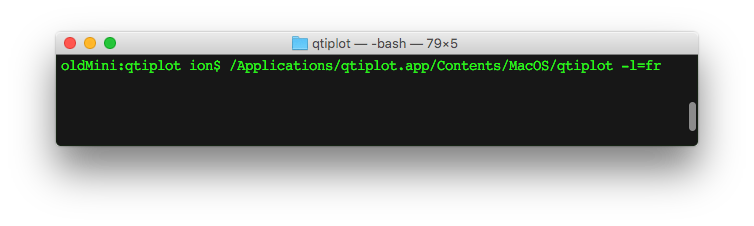 Starting QtiPlot in French from a macOS terminal.