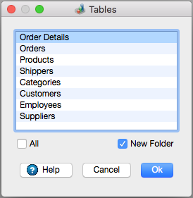 Database table/view selection dialog on a macOS systems.
