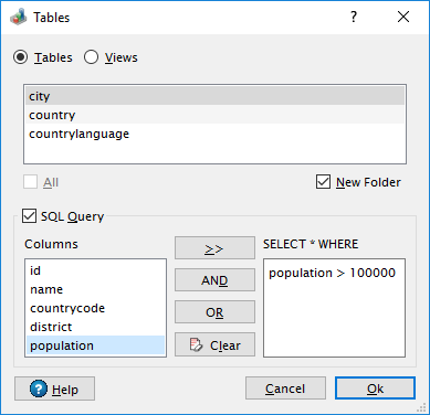 SQL database table/view selection with query dialog.